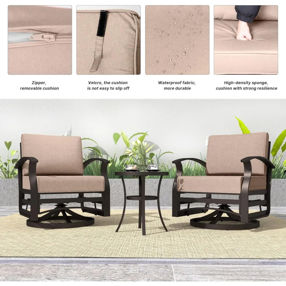 3-Piece Aluminum Patio Set with Swivel Rockers and Glass Table