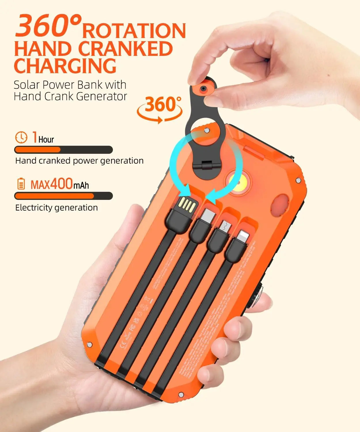Solar Hand Crank Power Bank With Built Cables And Flashlight