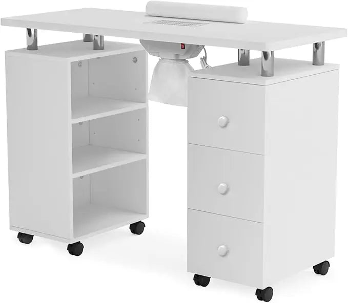 Nail Technician Desk With Electric Downdraft Storage and Lockable Wheels