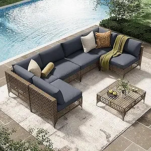 UMAX 7 Piece Outdoor Patio Furniture Set PE Rattan Wicker Cushions Tea Table