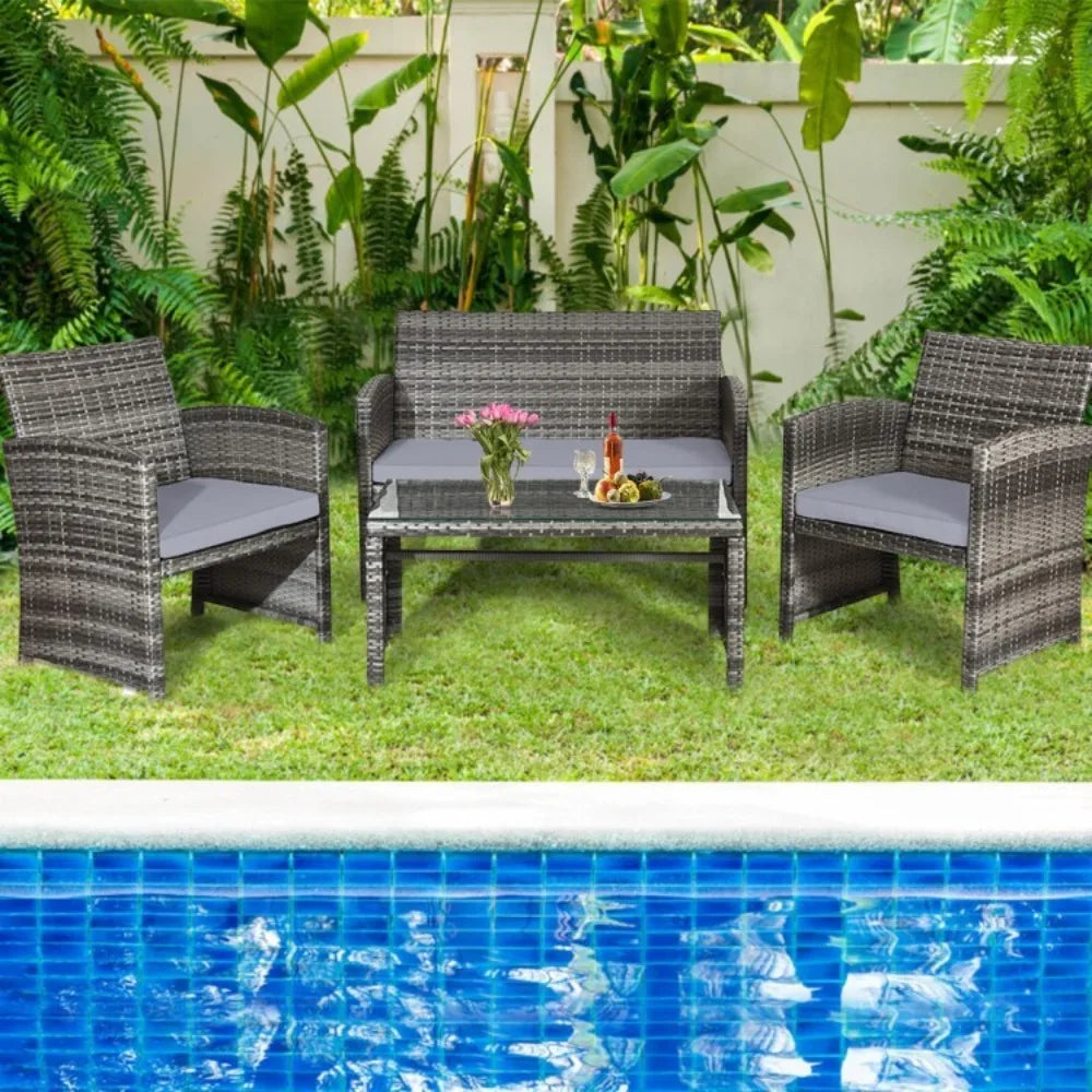 Patio Outdoor Rattan Conversation Set With Glass Table And Loveseat