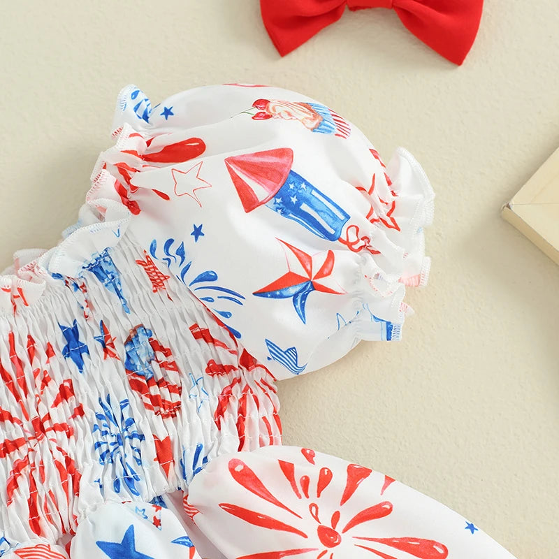 Independence Day Baby Romper Dress With Star Print And Balloon Design
