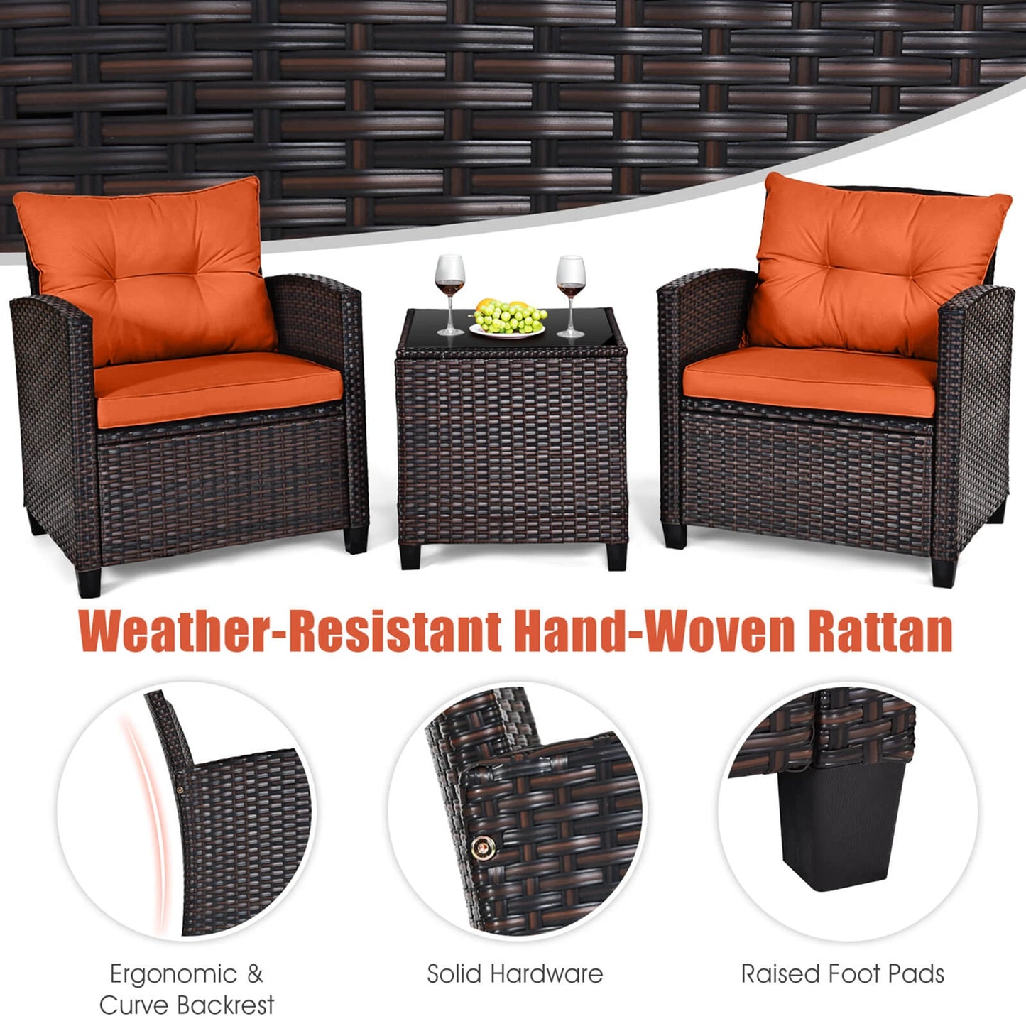 Homasis 3-Piece Patio Rattan Cushioned Conversation Set