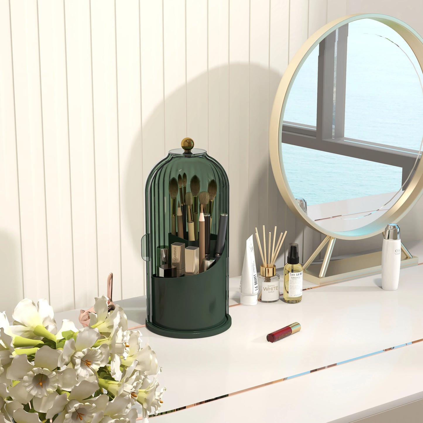Dustproof Rotating Makeup Brush Holder With Secure Spinning Lid