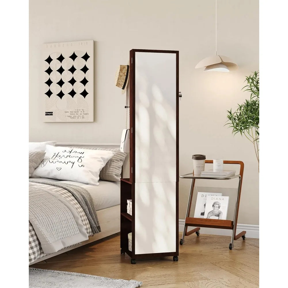 MKDK Jewelry Cabinet Armoire with Lockable LED Mirror and Wheels