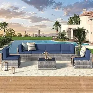 UMAX 7 Piece Outdoor Patio Furniture Set PE Rattan Wicker Cushions Tea Table