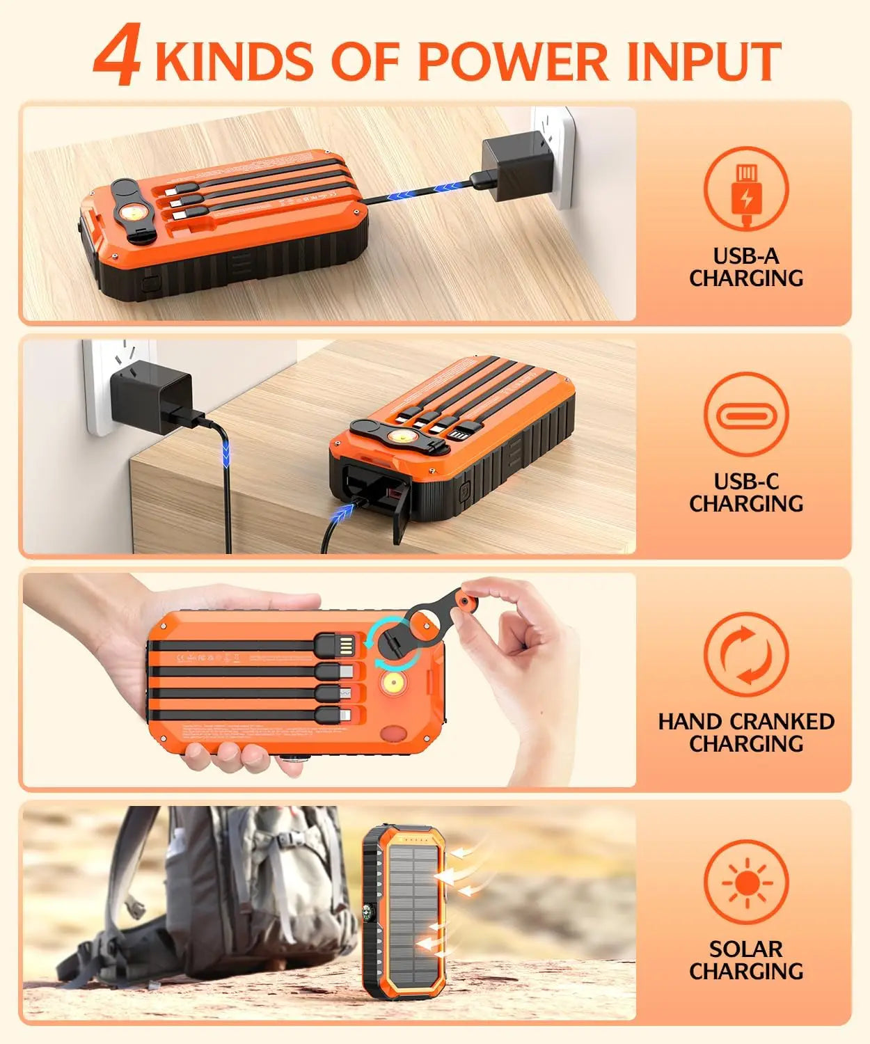 Solar Hand Crank Power Bank With Built Cables And Flashlight