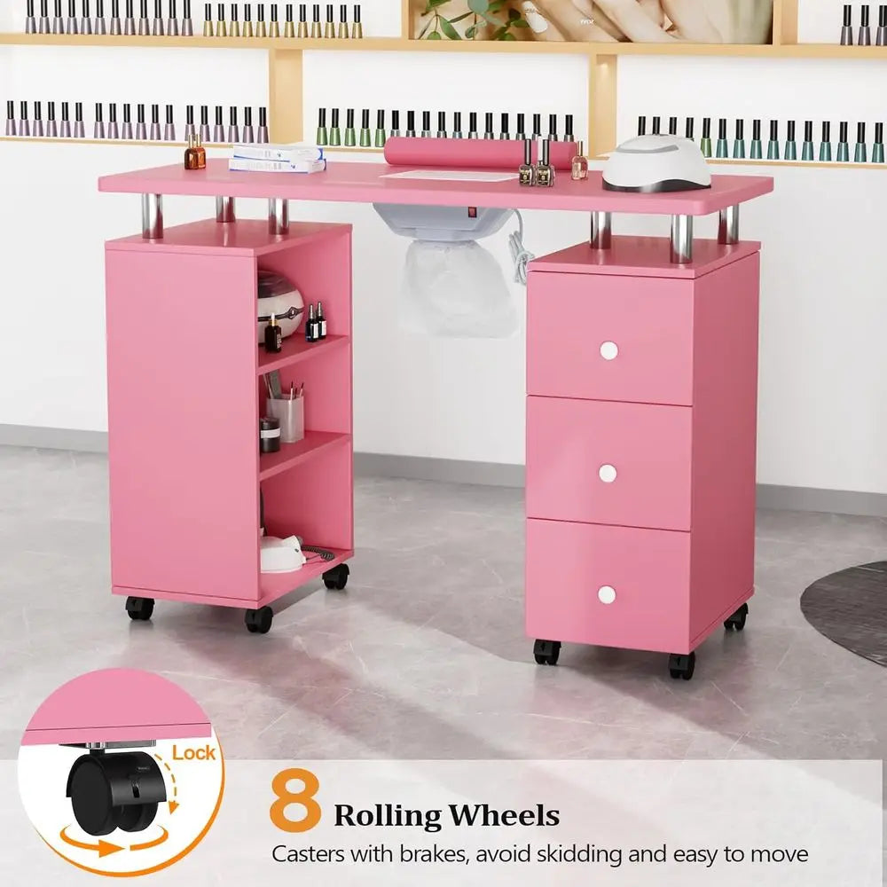 Nail Technician Desk With Electric Downdraft Storage and Lockable Wheels