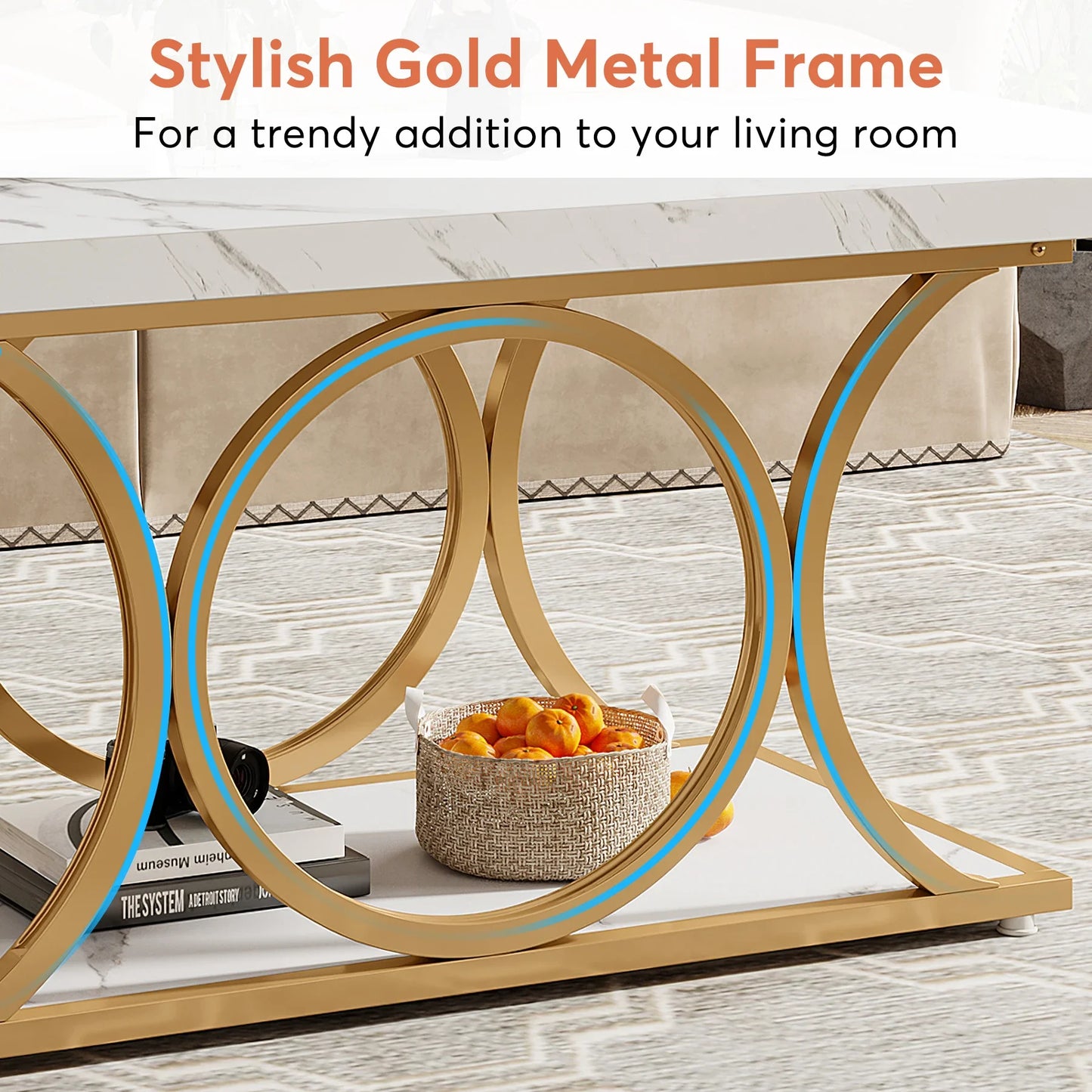 Tribesigns Rectangle Coffee Table 2-Tier Faux Marble Wood