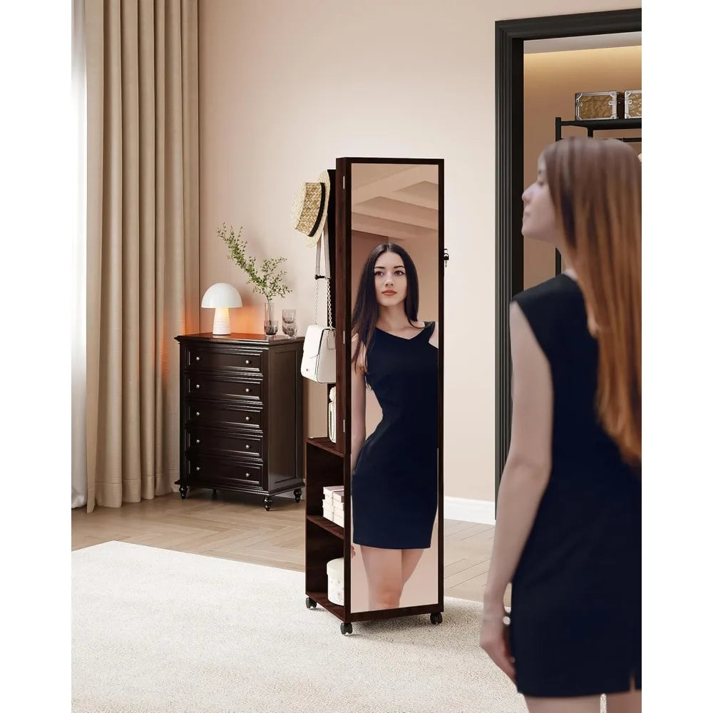 MKDK Jewelry Cabinet Armoire with Lockable LED Mirror and Wheels