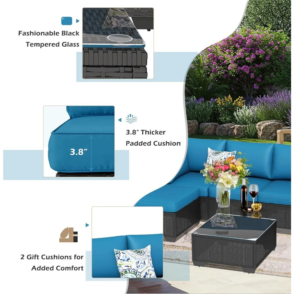UMAX 7 Piece Outdoor Patio Furniture Set PE Rattan Wicker Cushions Tea Table