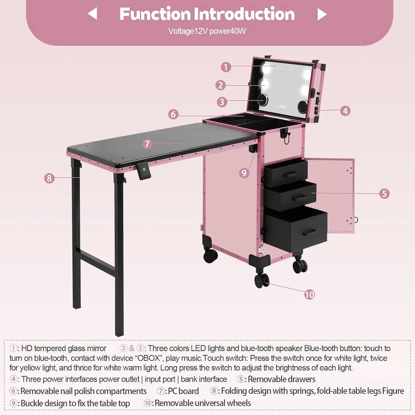 Portable Rolling Manicure Table With Foldable Travel Desk And Storage