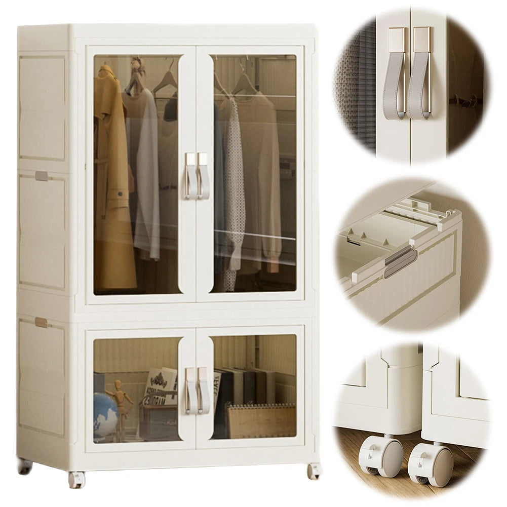 MOJOYCE Portable Collapsible Wardrobe With Hanging Rod Storage Organizer