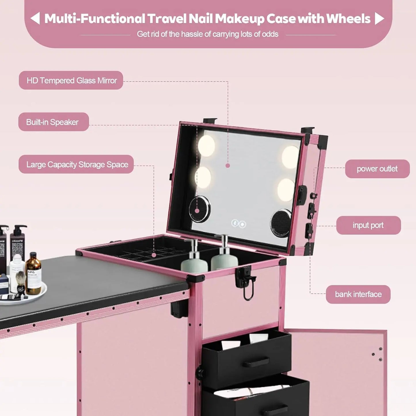 Portable Rolling Manicure Table With Foldable Travel Desk And Storage