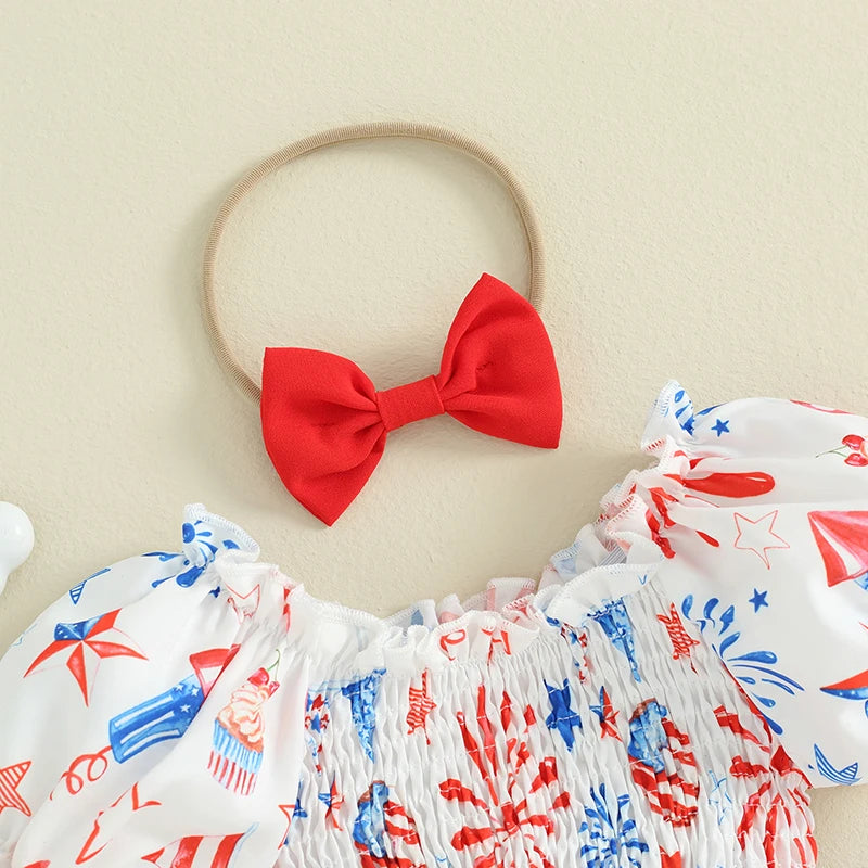 Independence Day Baby Romper Dress With Star Print And Balloon Design