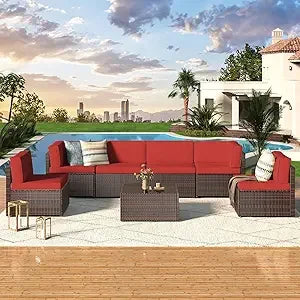 UMAX 7 Piece Outdoor Patio Furniture Set PE Rattan Wicker Cushions Tea Table