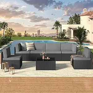 UMAX 7 Piece Outdoor Patio Furniture Set PE Rattan Wicker Cushions Tea Table