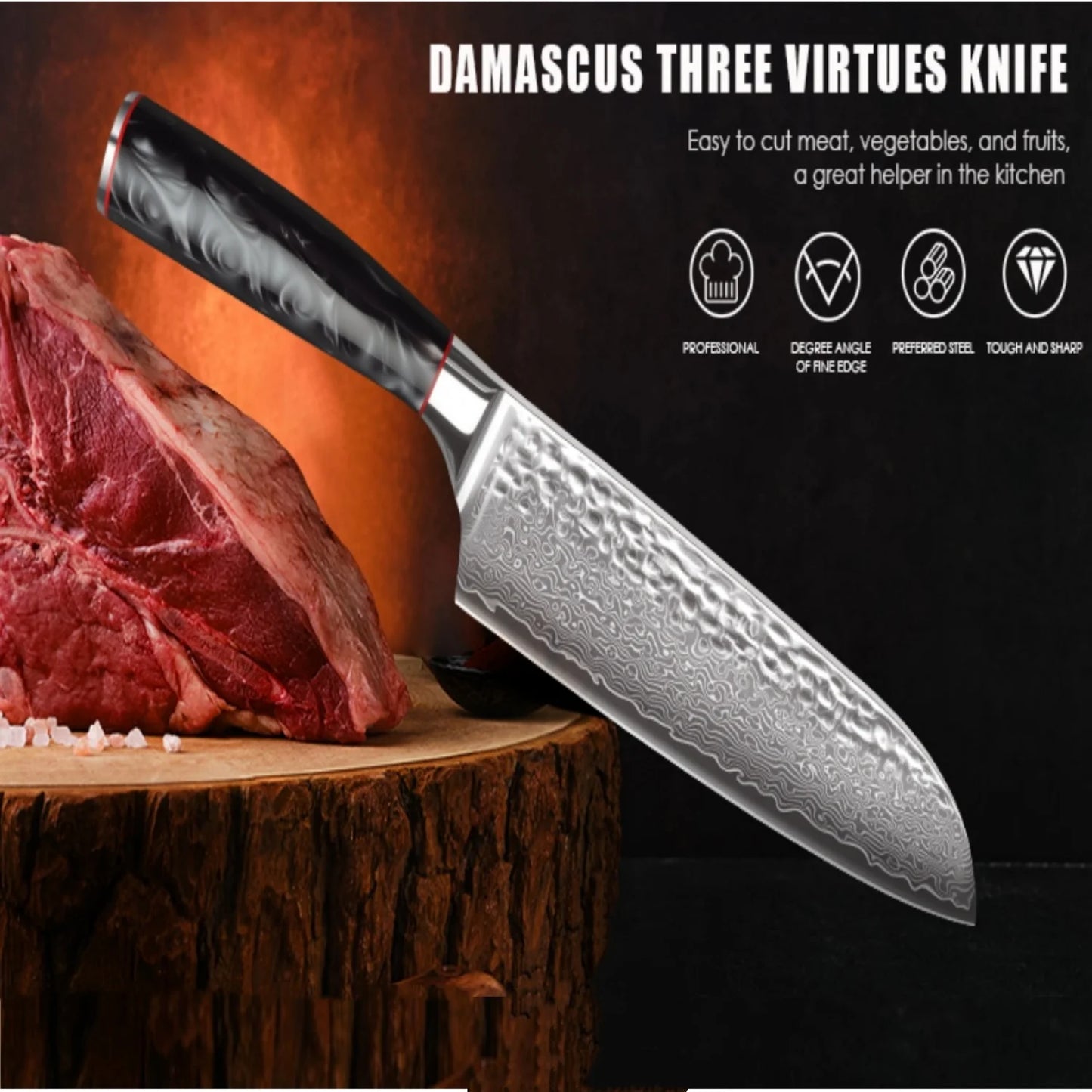 Woodpow Damascus Santoku Knife With G10 Handle For Kitchen Prep