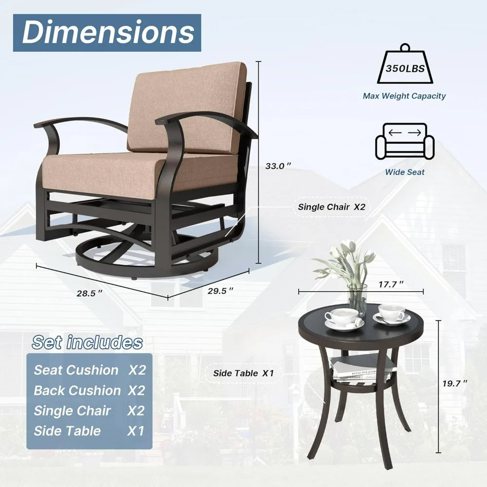 3-Piece Aluminum Patio Set with Swivel Rockers and Glass Table