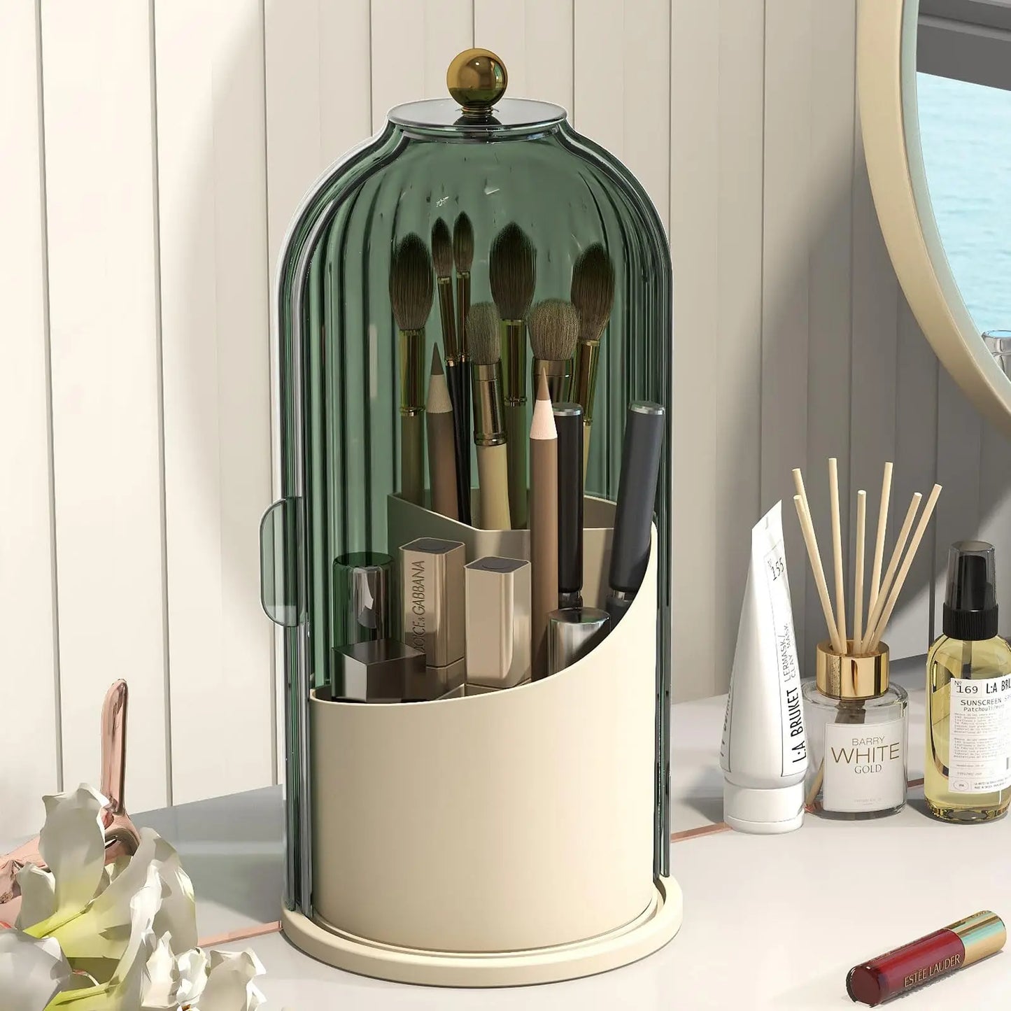 Dustproof Rotating Makeup Brush Holder With Secure Spinning Lid