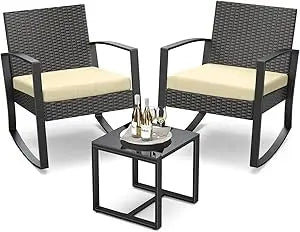 Three Piece Outdoor Rattan Rocking Bistro Set With Coffee Table