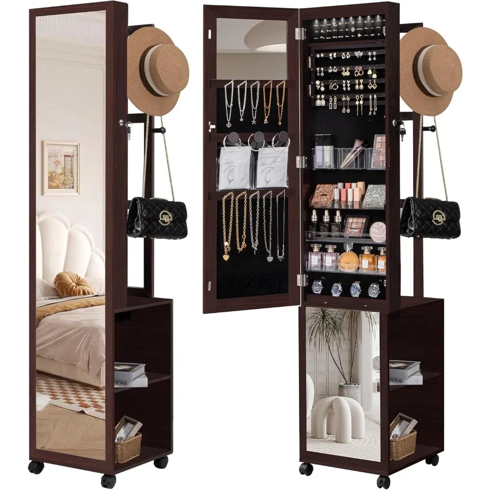 MKDK Jewelry Cabinet Armoire with Lockable LED Mirror and Wheels