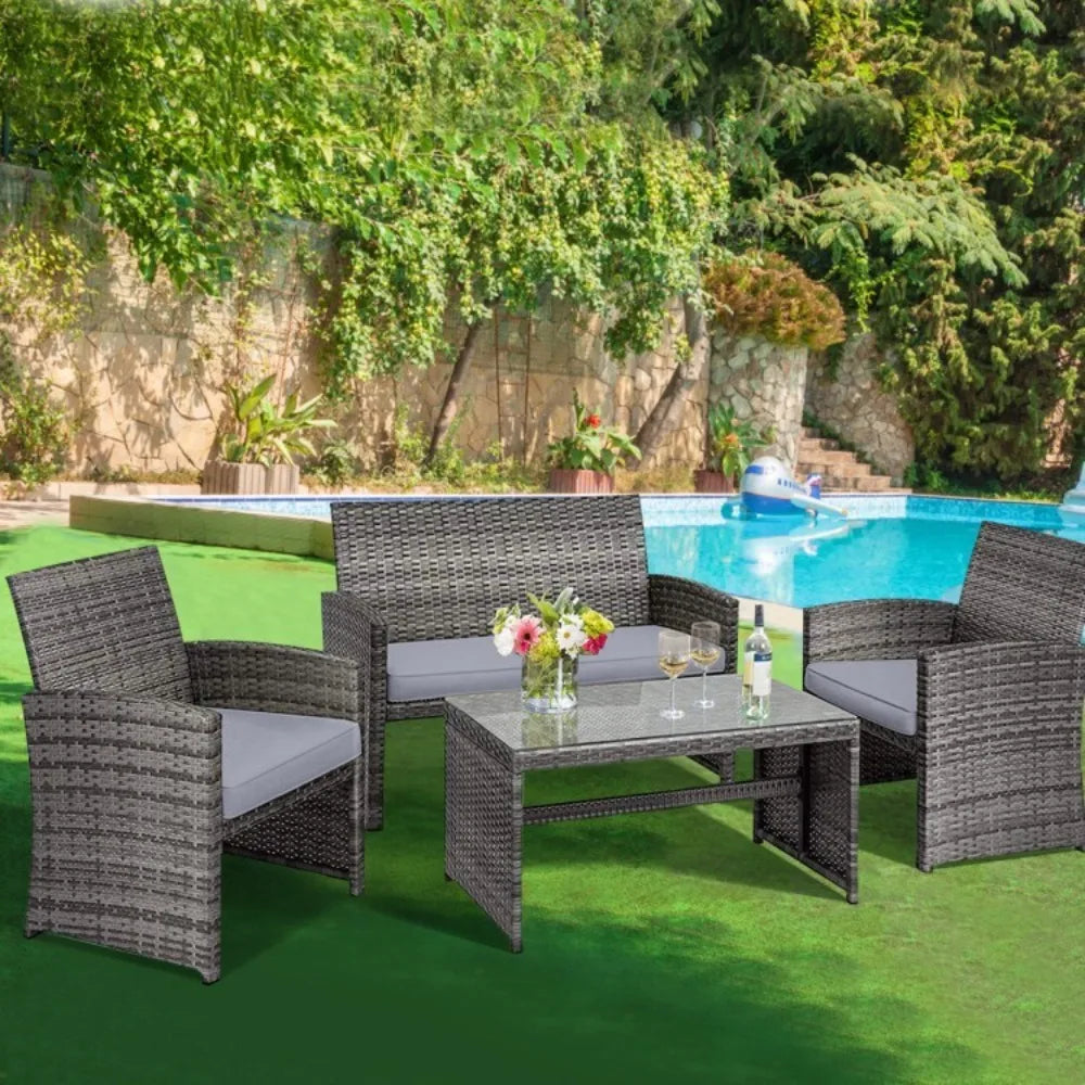 Patio Outdoor Rattan Conversation Set With Glass Table And Loveseat