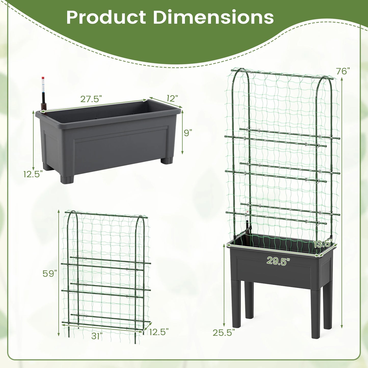 Raised Garden Bed Planter With Trellis Water Level Indicator