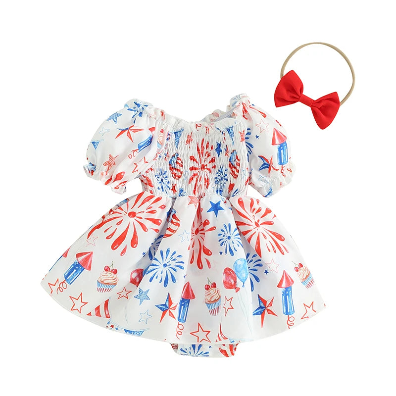 Independence Day Baby Romper Dress With Star Print And Balloon Design