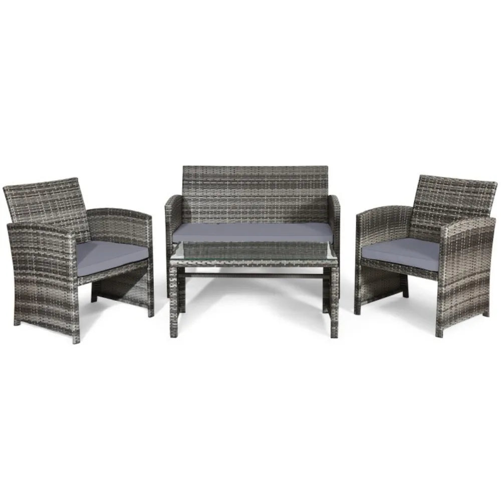 Patio Outdoor Rattan Conversation Set With Glass Table And Loveseat