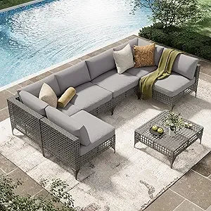 UMAX 7 Piece Outdoor Patio Furniture Set PE Rattan Wicker Cushions Tea Table
